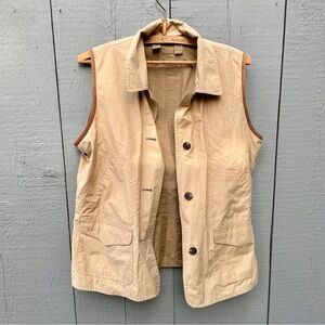 Womens Ralph Lauren Khaki VINTAGE  Outdoor Cotton Buttoned Vest Leather trim